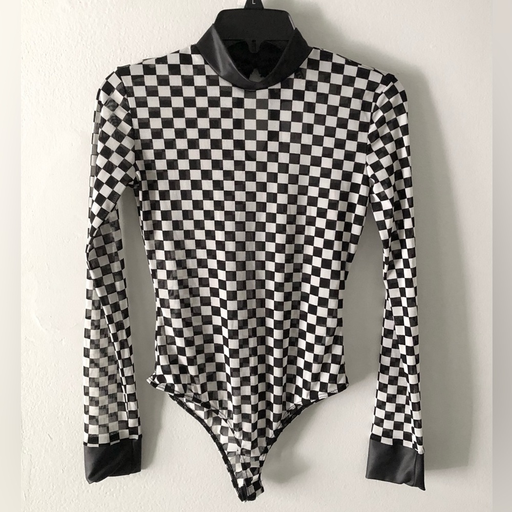 K Too Dolls Kill Black & White Checkered Long-Sleeve Bodysuit Goth Punk Grunge